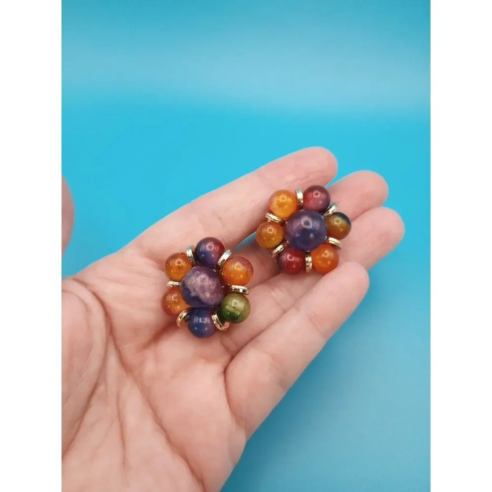 Round Cluster Ball Clip On Earrings Gold Tone Multi Color Plastic Resin